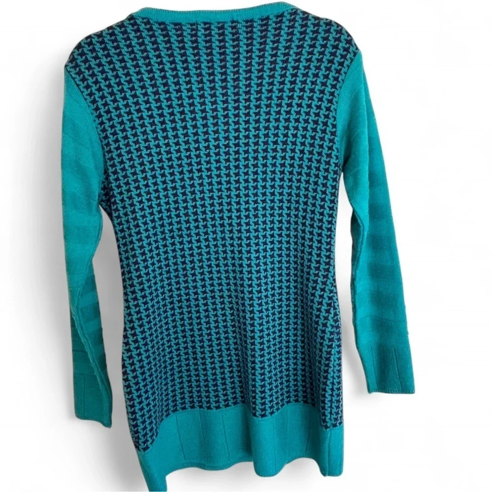 Vintage Teal Blue Henley Textured Geometric Knit Long Sleeve Tunic Sweater